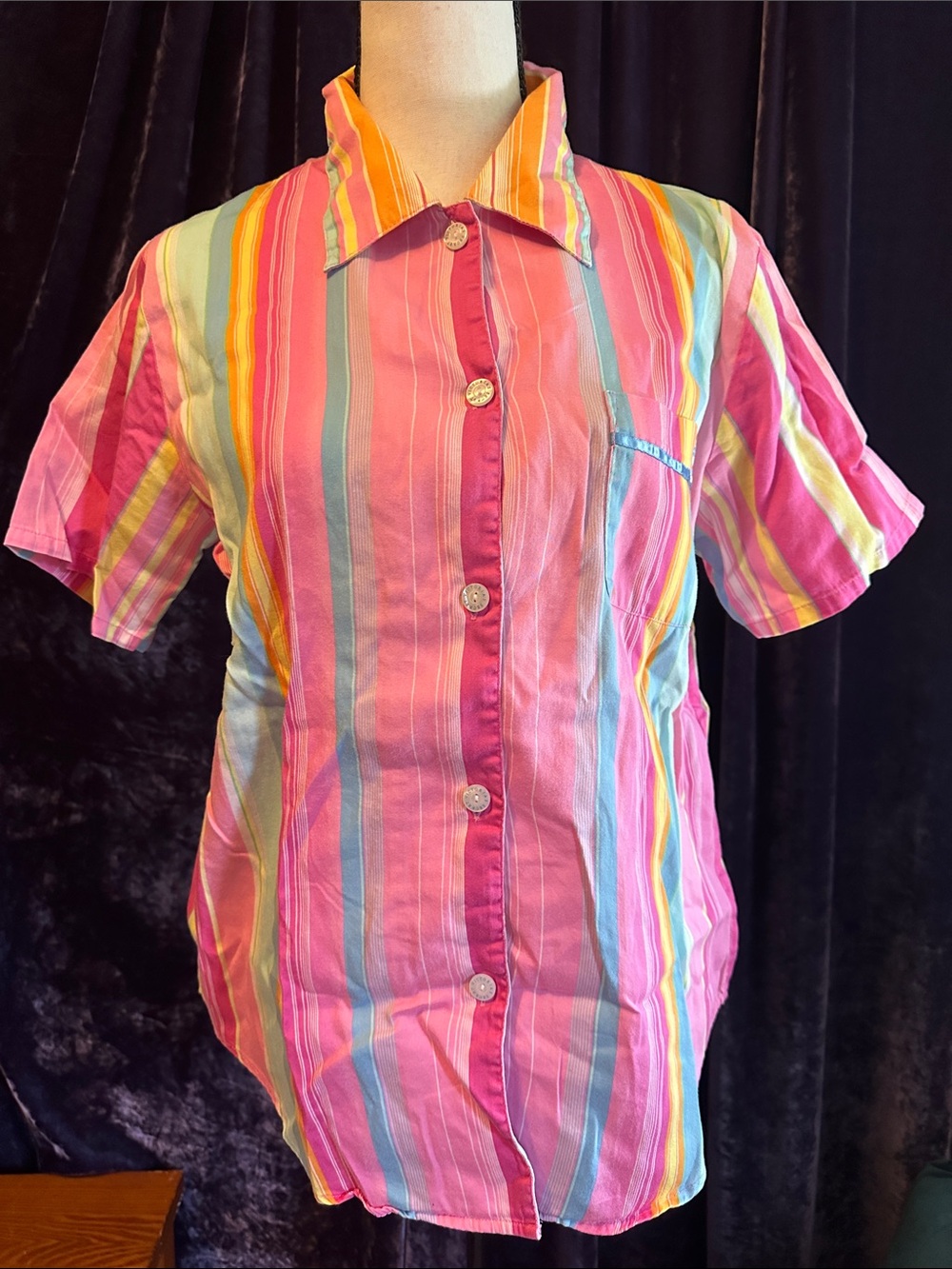 Victorias Secret Colorful Striped Button-Up Sleep Shirt - Pink, Yellow, Blue Sz